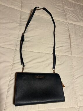 Michael Kors Black Leather Crossbody Wallet Bag with Gold Hardware